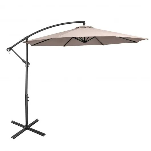 10FT Offset Umbrella with 8 Ribs Cantilever and Cross Base Tilt Adjustment-Brown