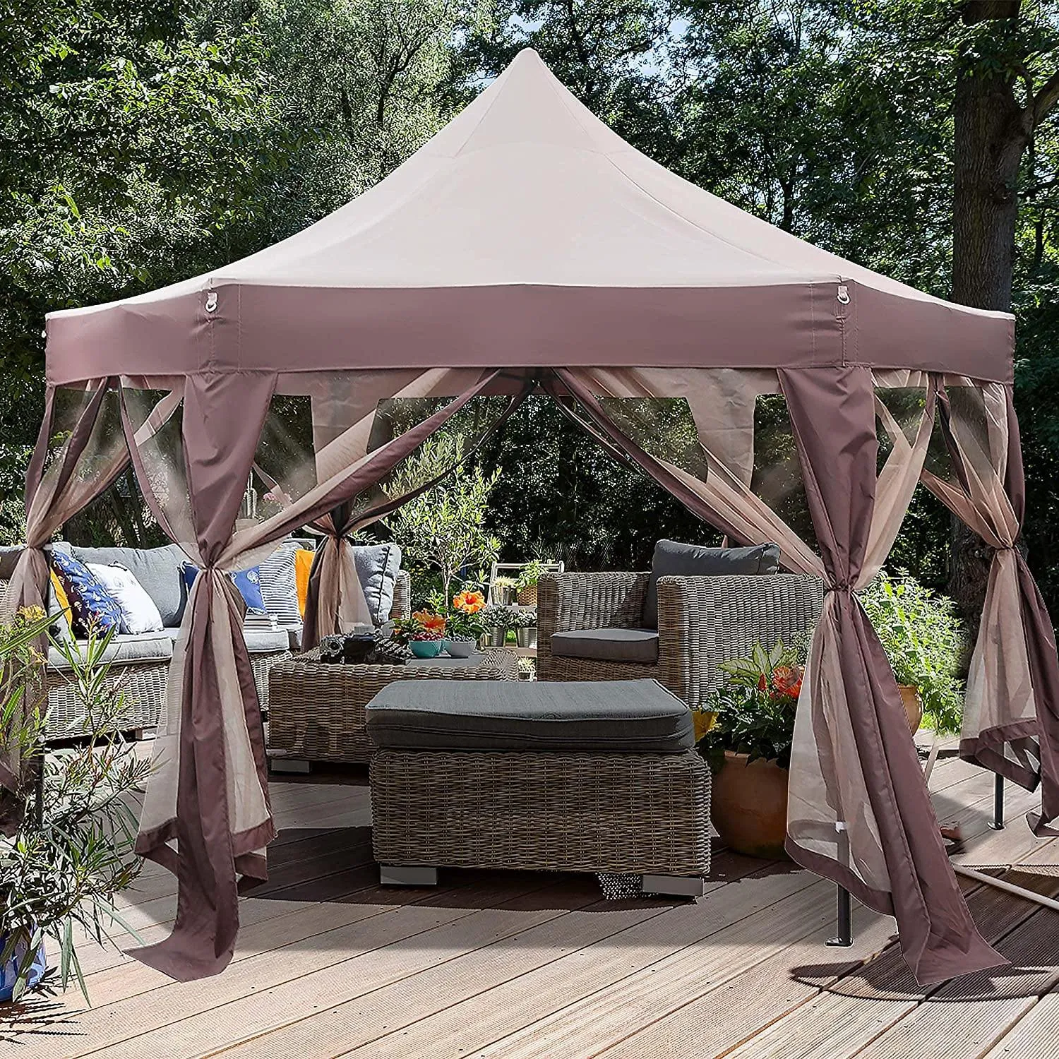 12' X 12' Gazebo with Mosquito Netting Outdoor Hexagonal Pop up Canopy Tent with Strong Iron Frame Storage Bag