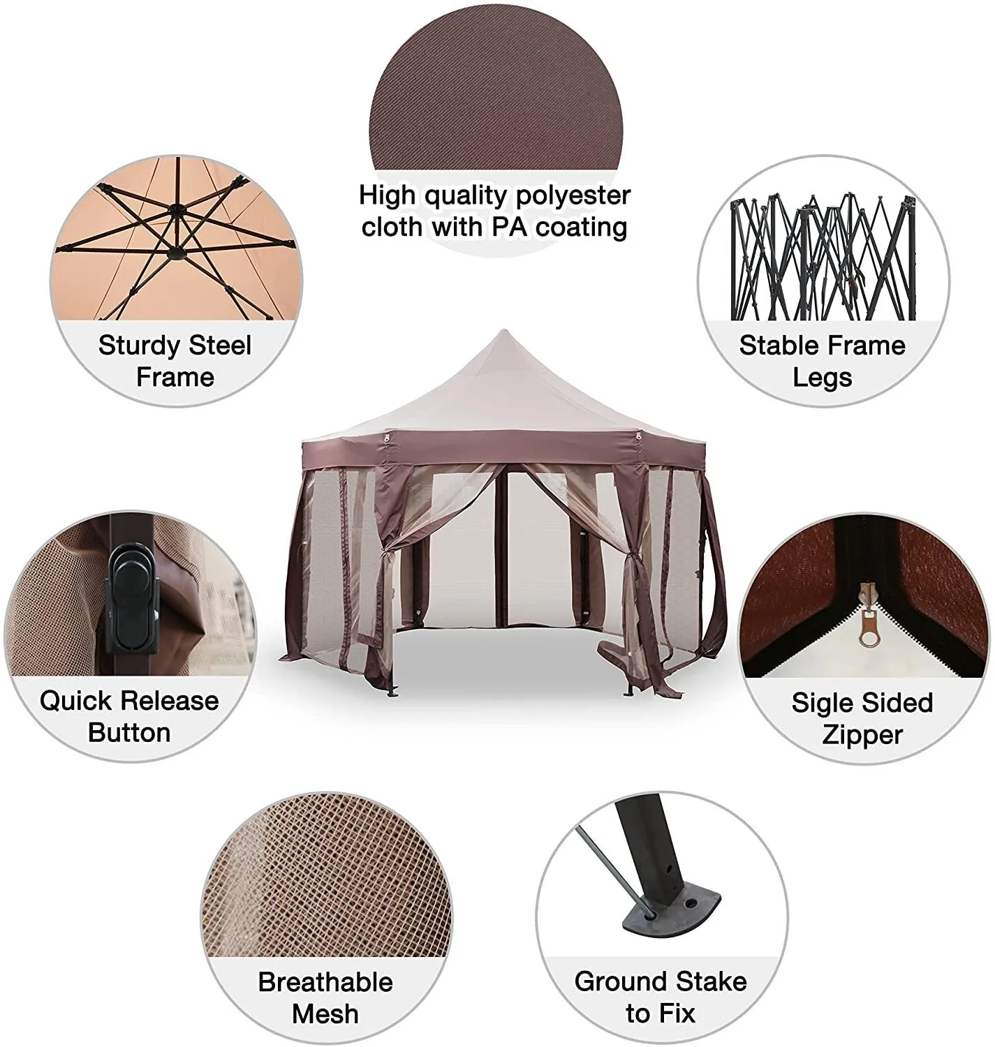12' X 12' Gazebo with Mosquito Netting Outdoor Hexagonal Pop up Canopy Tent with Strong Iron Frame Storage Bag