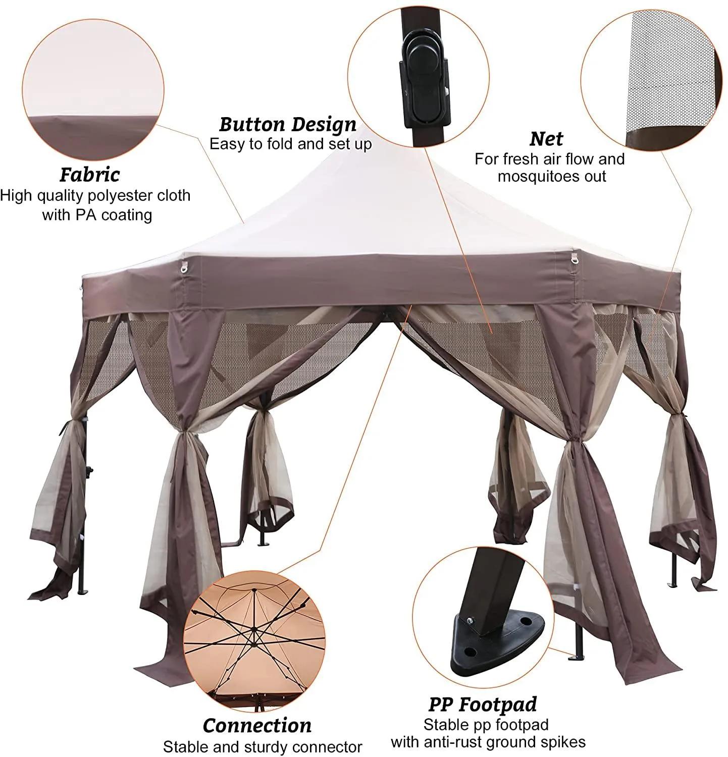 12' X 12' Gazebo with Mosquito Netting Outdoor Hexagonal Pop up Canopy Tent with Strong Iron Frame Storage Bag