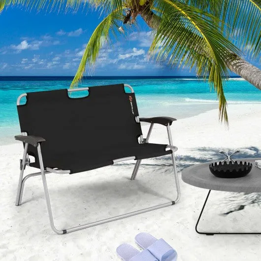 2 Person Folding Camping Bench Portable Double Chair-Black