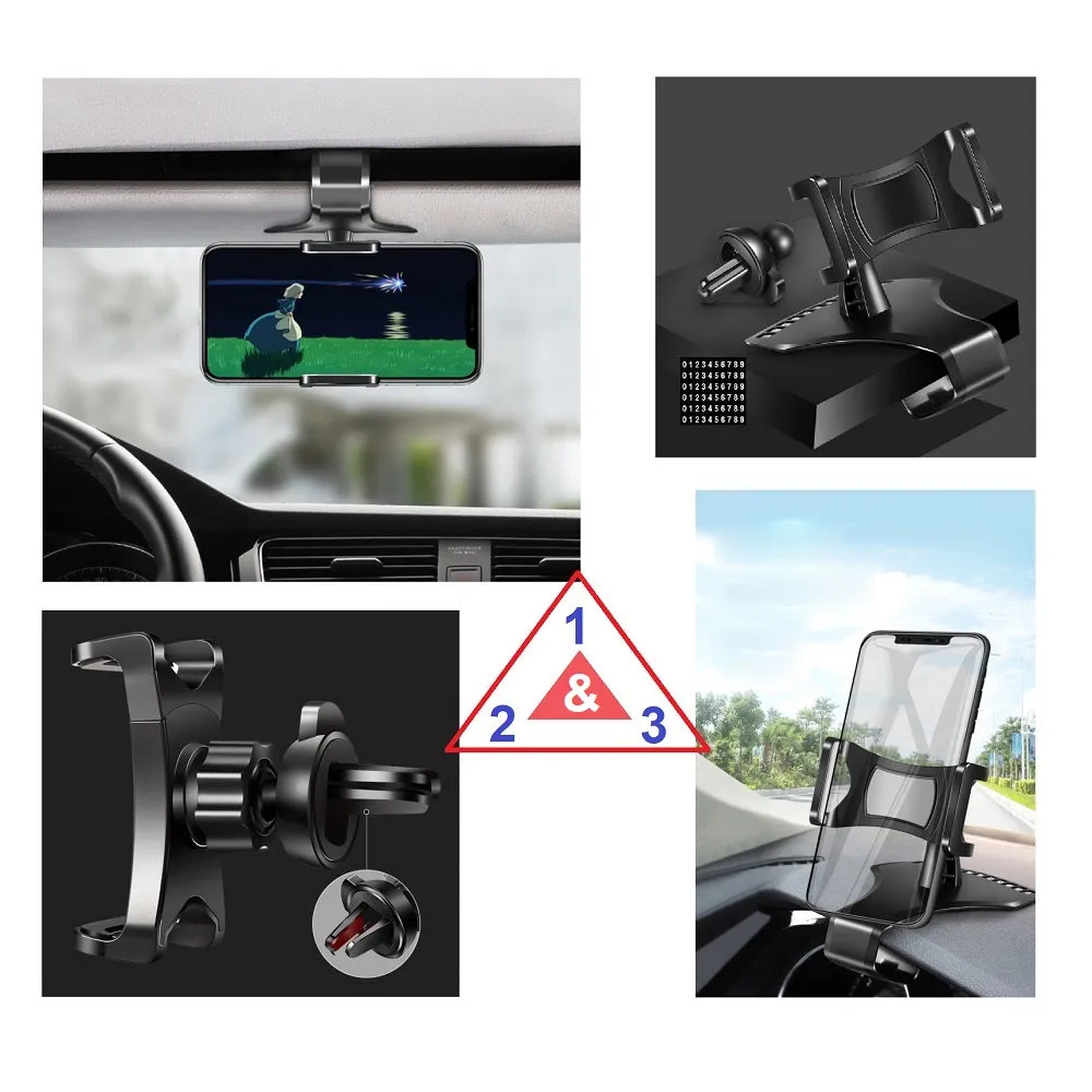 3 in 1 Car GPS Smartphone Holder: Dashboard / Visor Clamp   AC Grid Clip for Plum Compass - Black