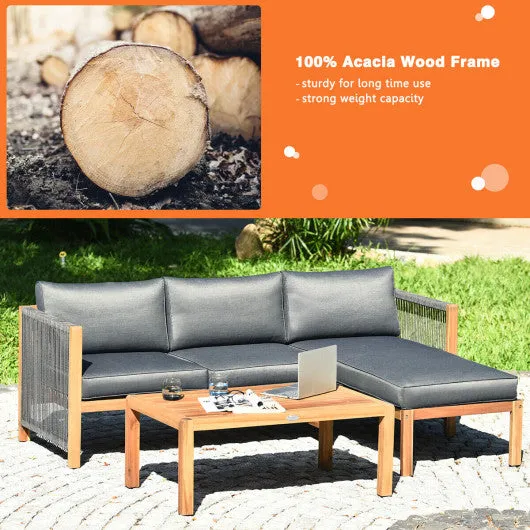 3 Piece Patio Acacia Sofa Set with Nylon Armrest
