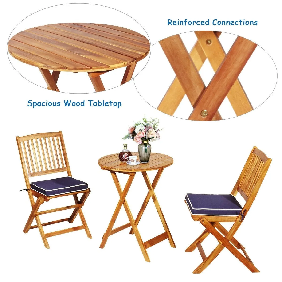 3pc Patio Foldable Wooden Bistro Set - Navy