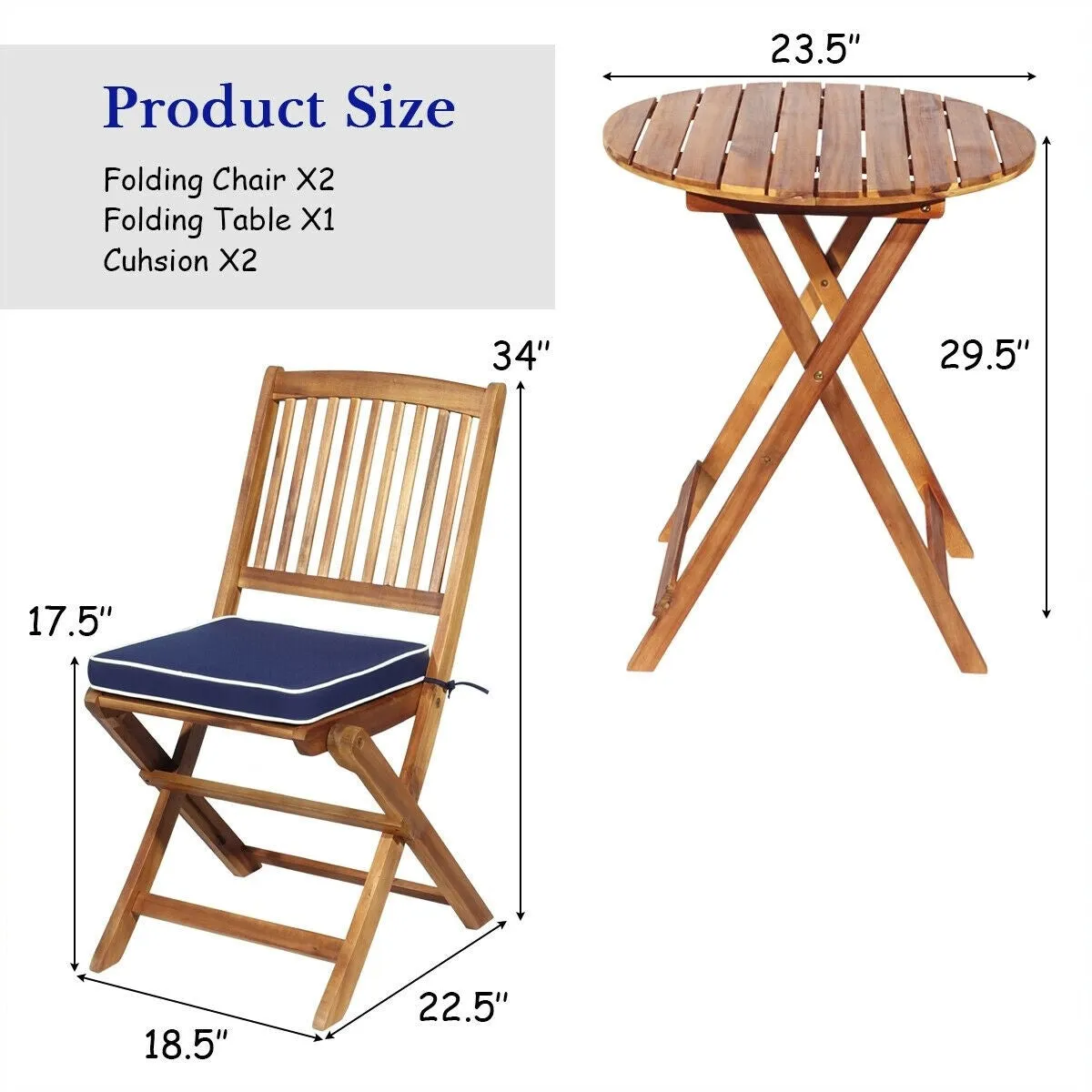 3pc Patio Foldable Wooden Bistro Set - Navy