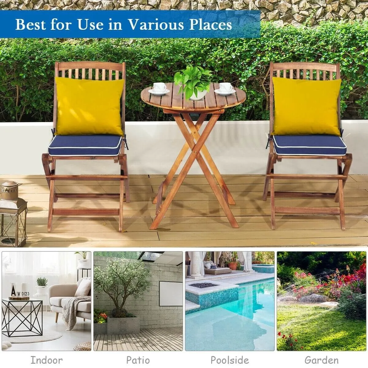 3pc Patio Foldable Wooden Bistro Set - Navy