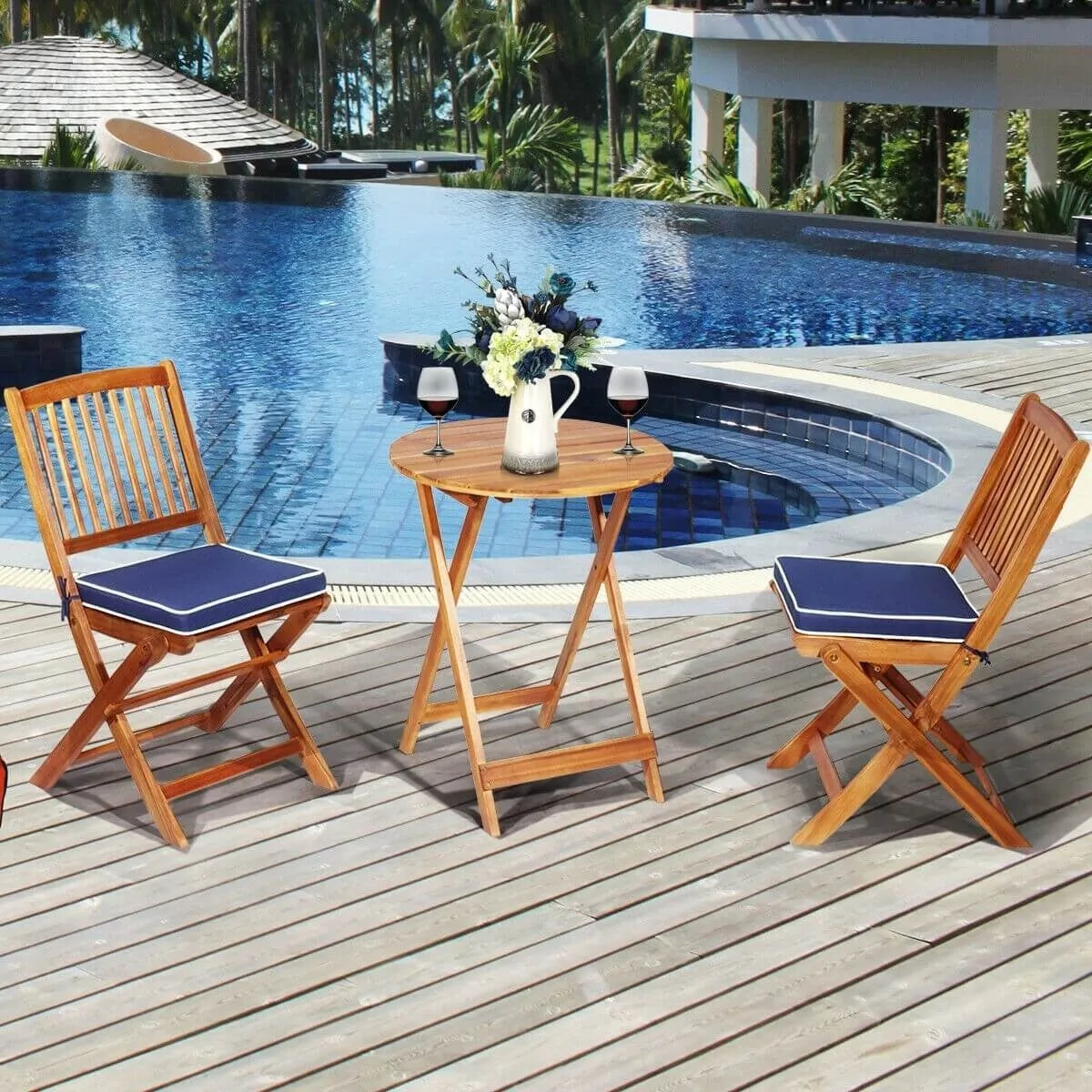 3pc Patio Foldable Wooden Bistro Set - Navy
