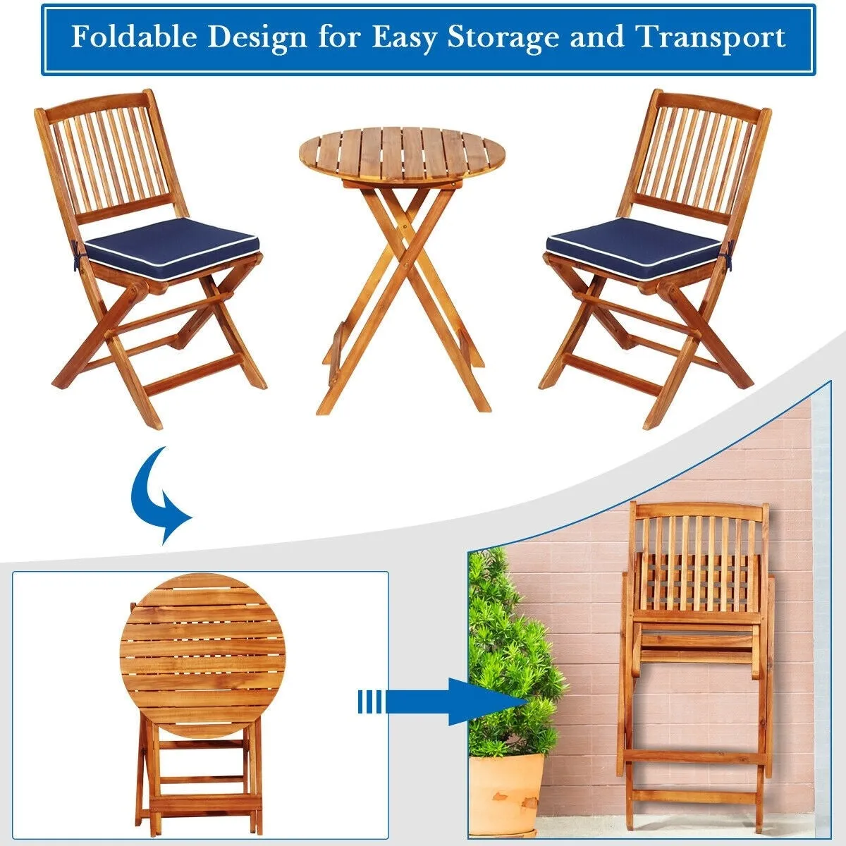 3pc Patio Foldable Wooden Bistro Set - Navy