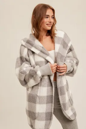 Grey & White Check Sherpa Fleece Cozy Jacket with Pockets