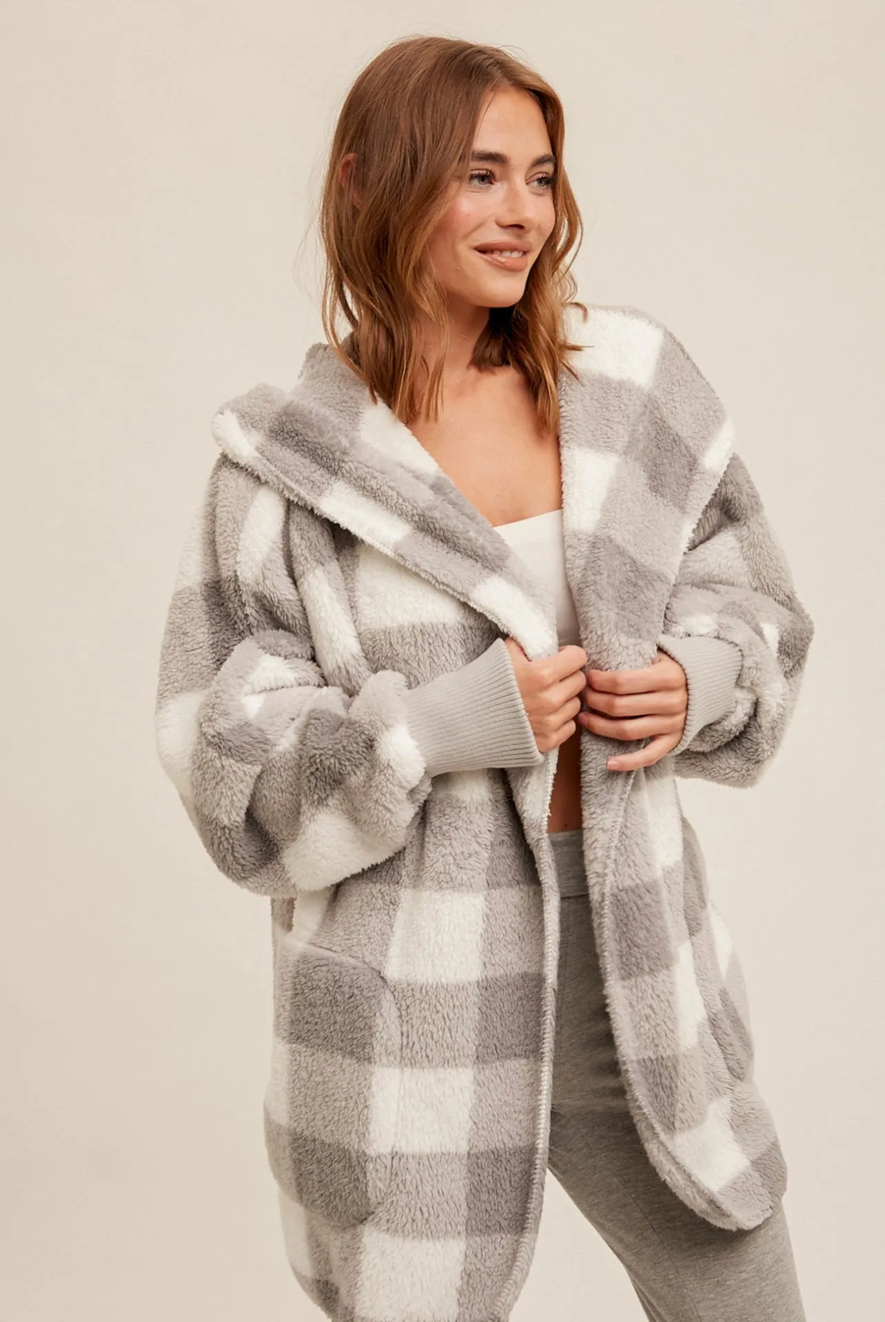 Grey & White Check Sherpa Fleece Cozy Jacket with Pockets