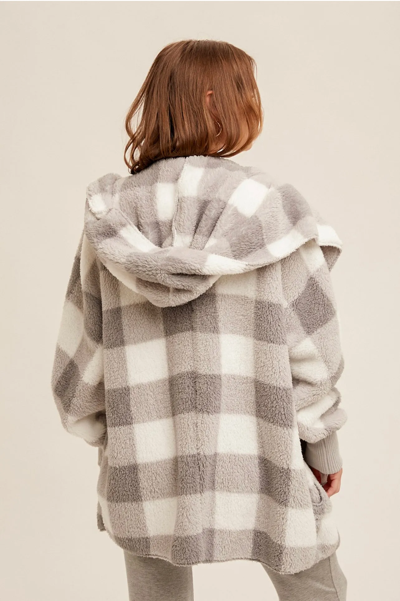 Grey & White Check Sherpa Fleece Cozy Jacket with Pockets