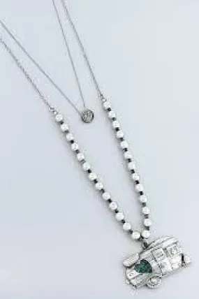 LAYERED SILVERTONE HAPPY CAMPER BEADED NECKLACE