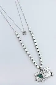 LAYERED SILVERTONE HAPPY CAMPER BEADED NECKLACE