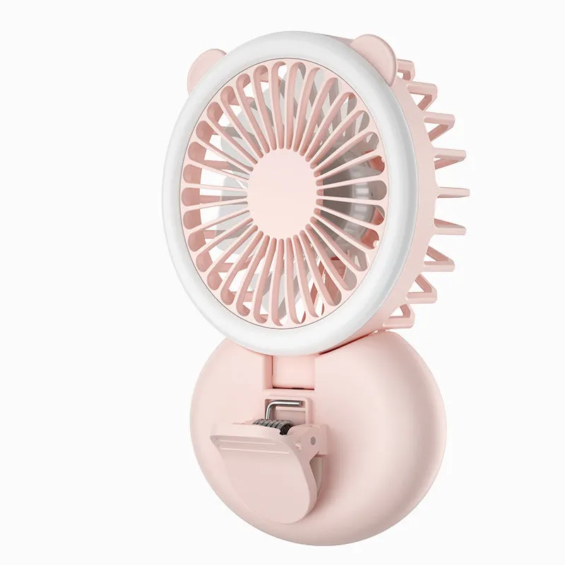 Mini fan hanging neck handheld pocket charging cartoon seven-leaf clip fill light