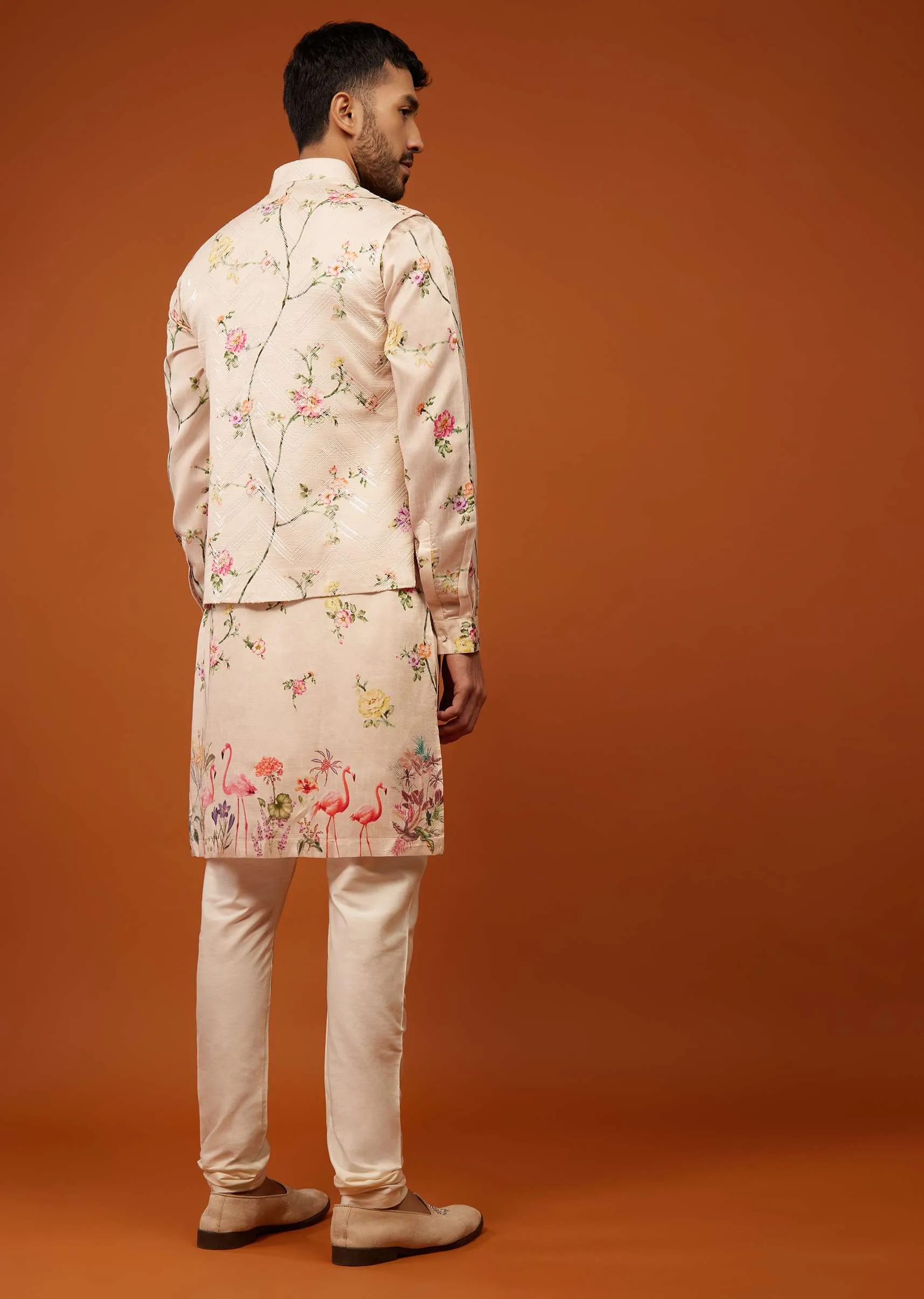 Nude White Flora And Fauna Printed Bandi Jacket Set In Cotton Silk