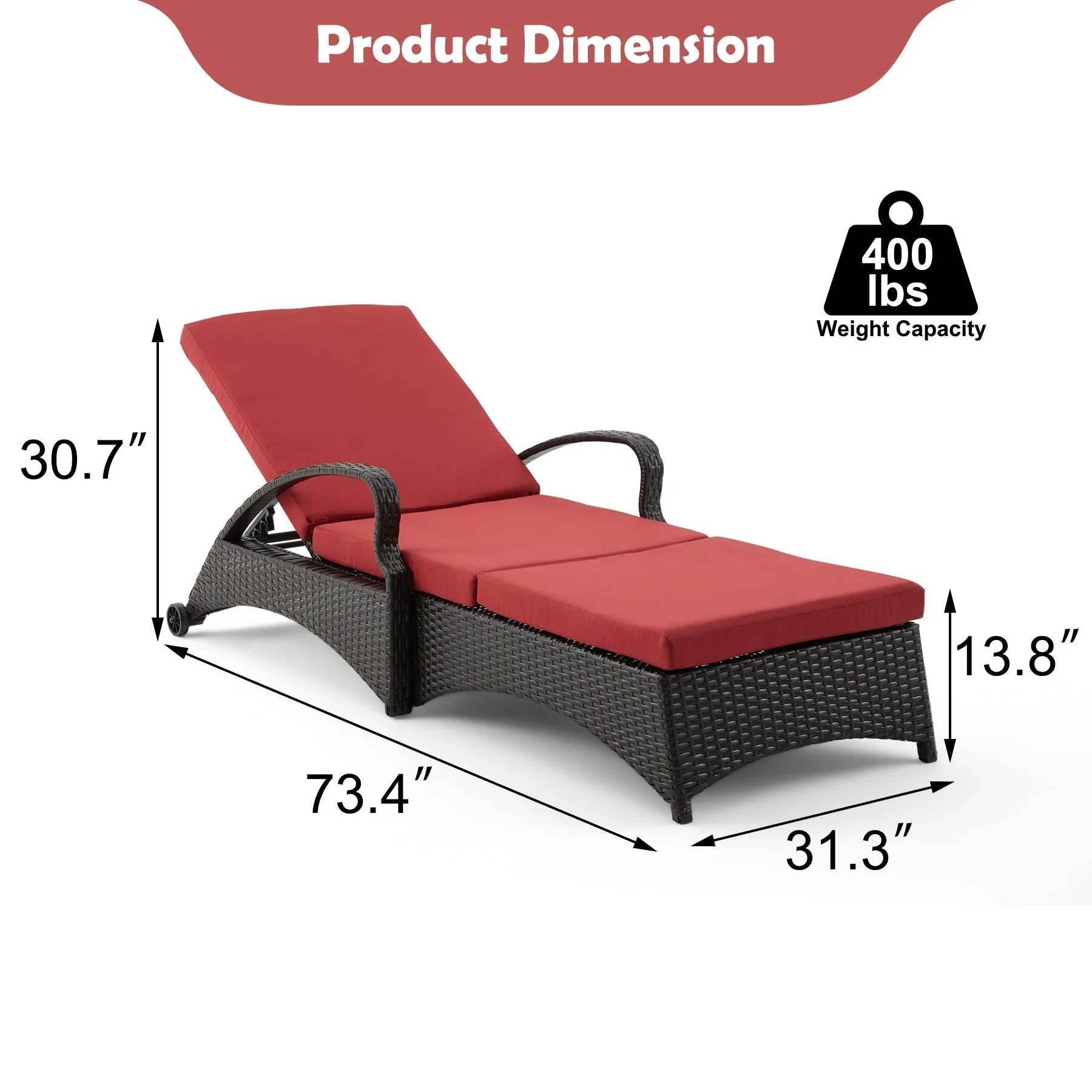 Outdoor Lounge Chaise Chairs Black Rattan Lounger with Red Cushion & Armchairs