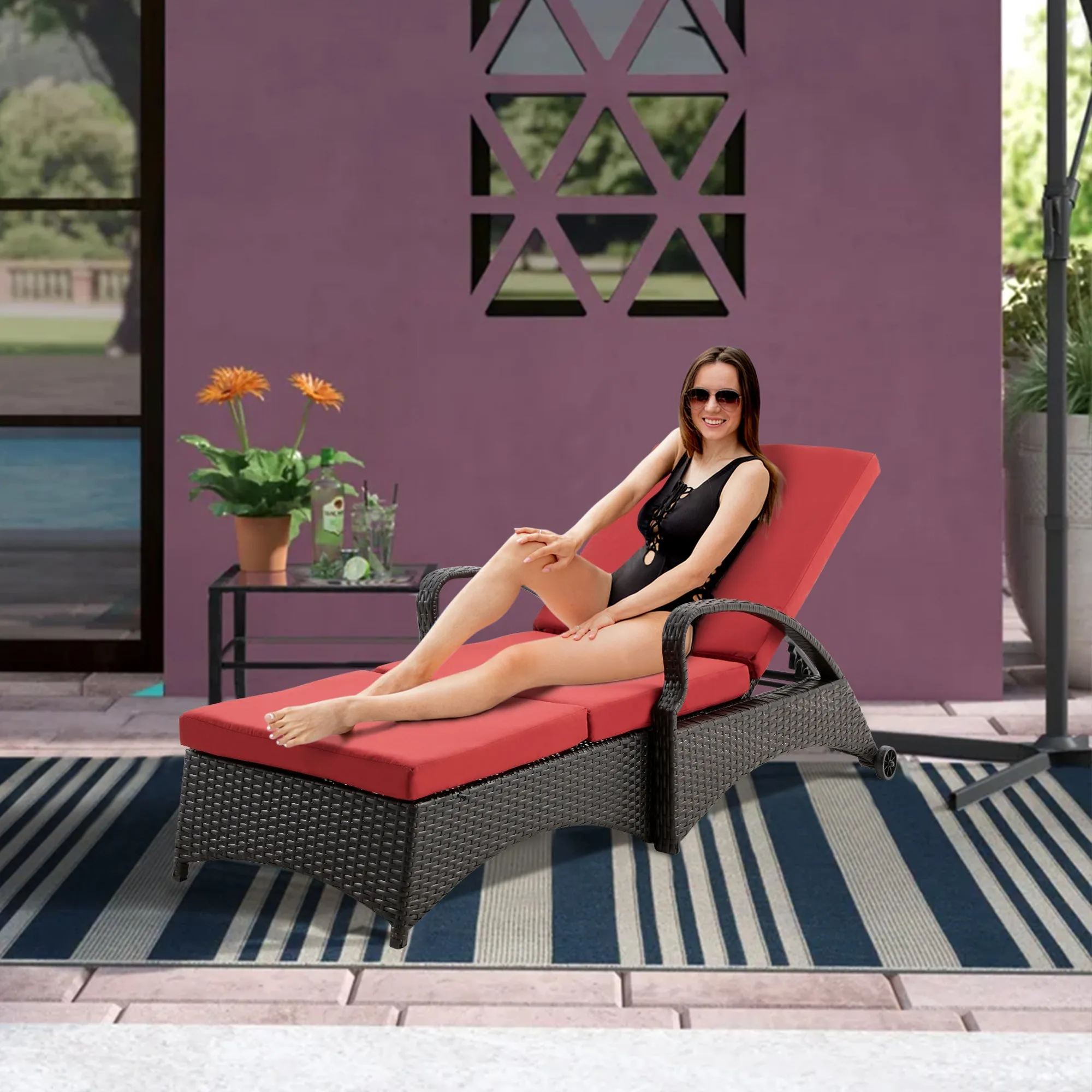 Outdoor Lounge Chaise Chairs Black Rattan Lounger with Red Cushion & Armchairs