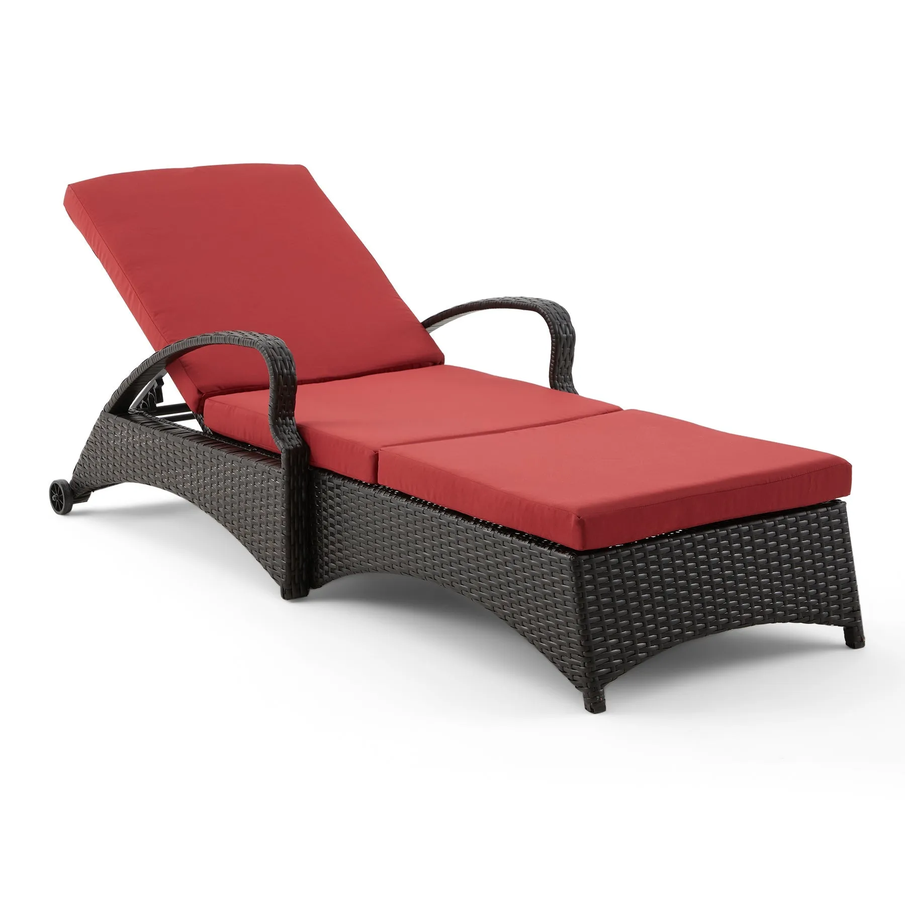 Outdoor Lounge Chaise Chairs Black Rattan Lounger with Red Cushion & Armchairs