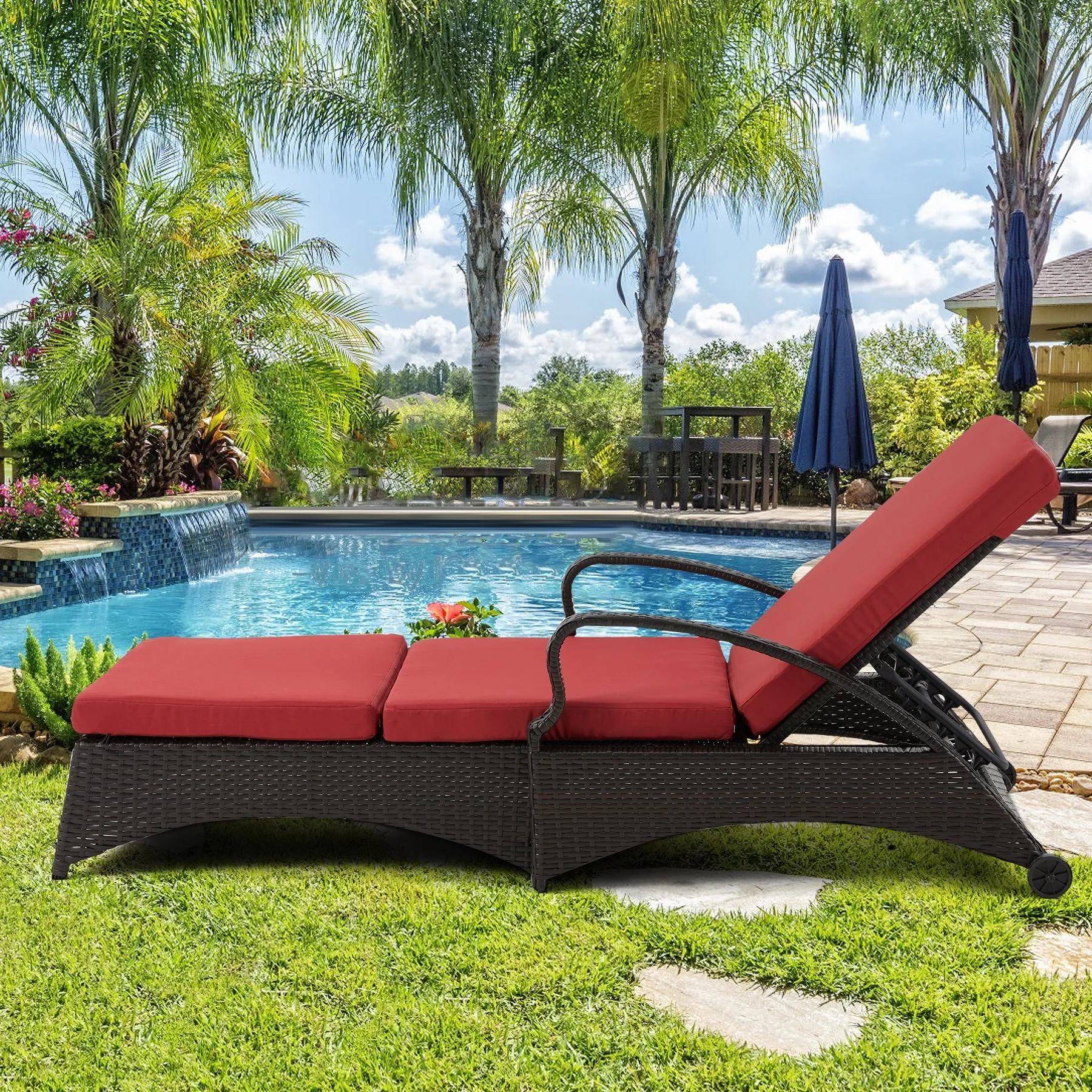 Outdoor Lounge Chaise Chairs Black Rattan Lounger with Red Cushion & Armchairs