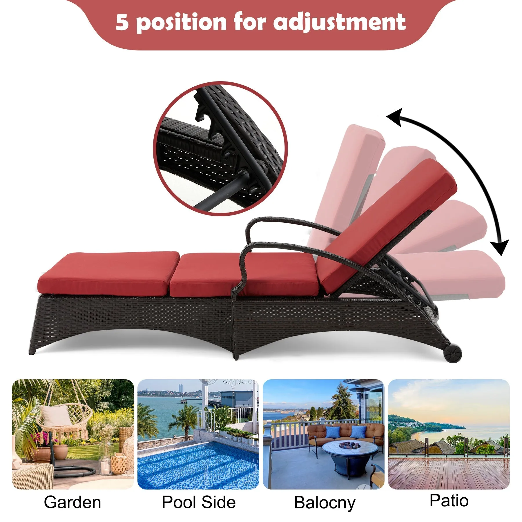 Outdoor Lounge Chaise Chairs Black Rattan Lounger with Red Cushion & Armchairs