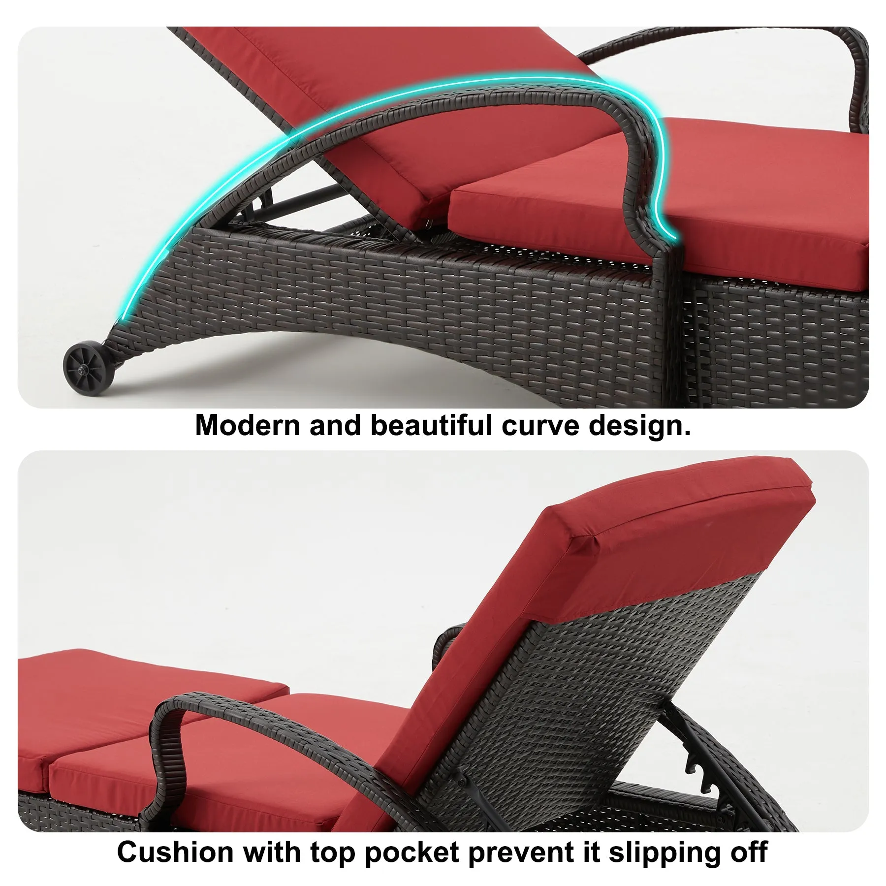 Outdoor Lounge Chaise Chairs Black Rattan Lounger with Red Cushion & Armchairs