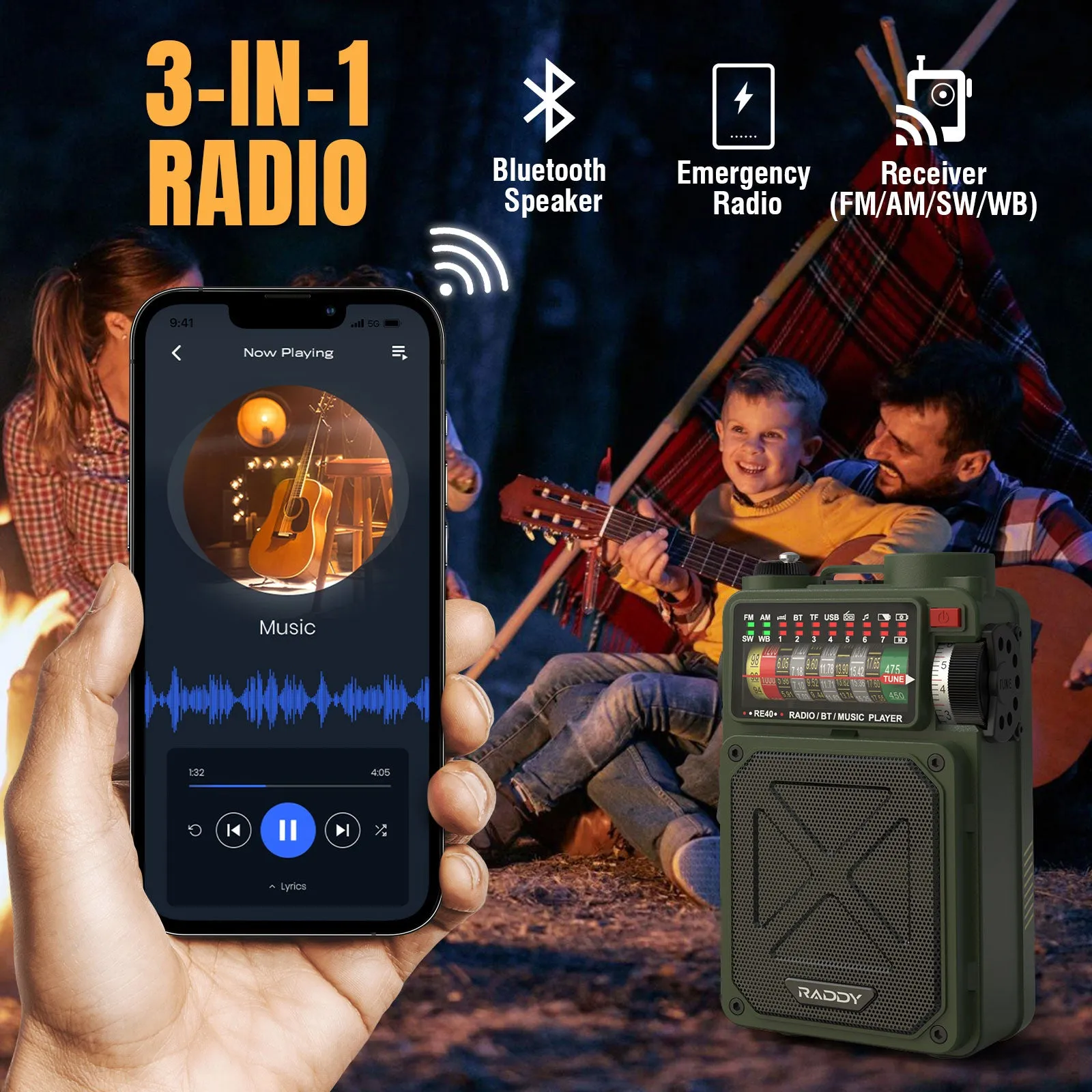Raddy RE40 Shortwave Radio | FM/AM/SW/WB | 4000mAh | Bluetooth 5.0 | White Noise | Hand Crank Solar Type-C