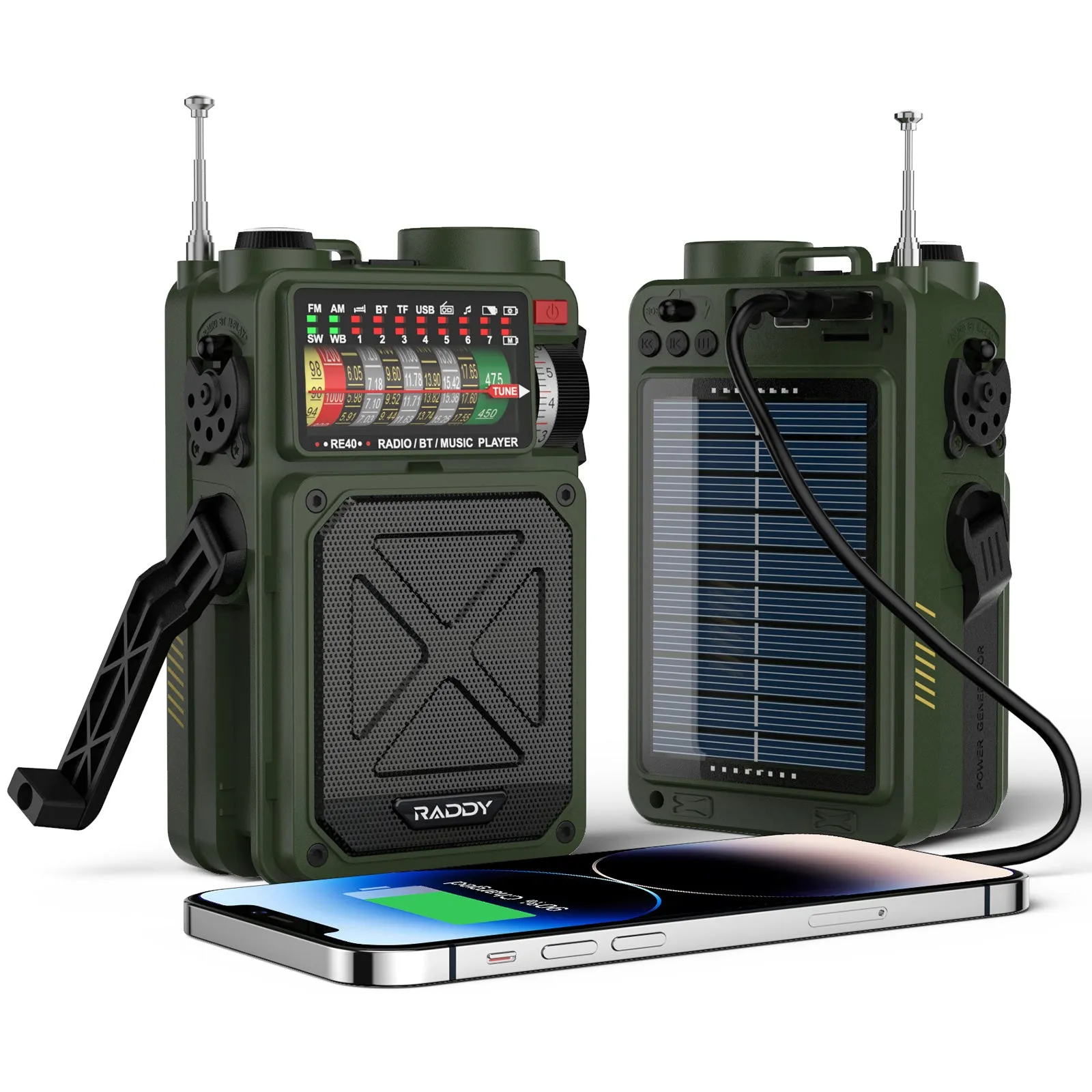 Raddy RE40 Shortwave Radio | FM/AM/SW/WB | 4000mAh | Bluetooth 5.0 | White Noise | Hand Crank Solar Type-C
