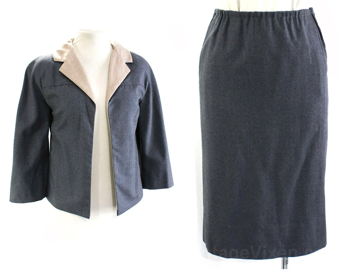 Size 8 1950s Suit - Top Quality Gray & Fawn Wool Three Piece 50s Ensemble - Mid Century Tailored Jacket Shell Skirt - Bias Cut - Waist 25-27