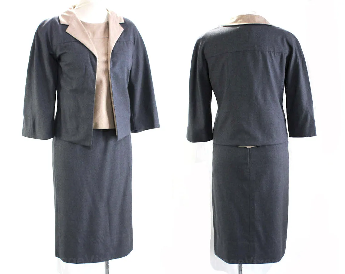 Size 8 1950s Suit - Top Quality Gray & Fawn Wool Three Piece 50s Ensemble - Mid Century Tailored Jacket Shell Skirt - Bias Cut - Waist 25-27