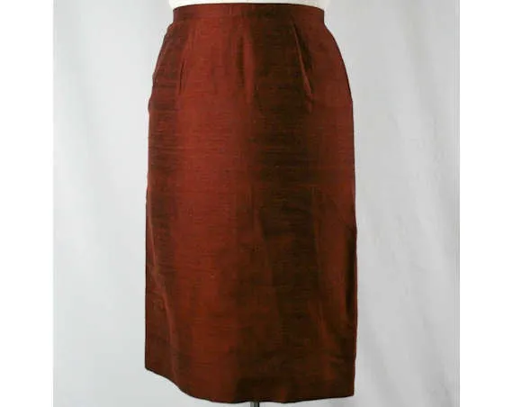 Size 8 Autumn Suit - 1950s Rust Brown Silk Suit with Reversible Jacket, Matching Shell & Skirt - 50s 60s - Bust 38.5 - Waist 27 - 40485-1