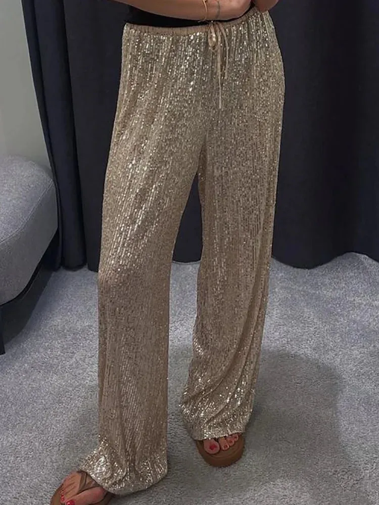 UAKISS  -  Office Lady Chic Slim All Season Pants Elegant Women Straight Sequined Patchwork Pants Outdoor Casual Long Pants 2024 Trousers