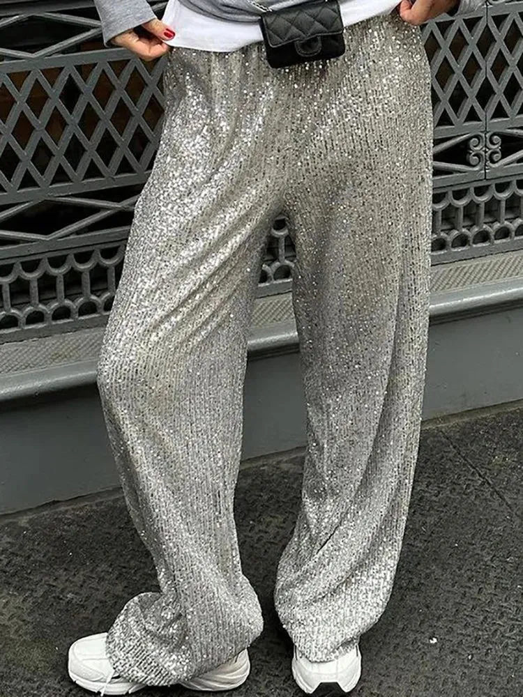 UAKISS  -  Office Lady Chic Slim All Season Pants Elegant Women Straight Sequined Patchwork Pants Outdoor Casual Long Pants 2024 Trousers