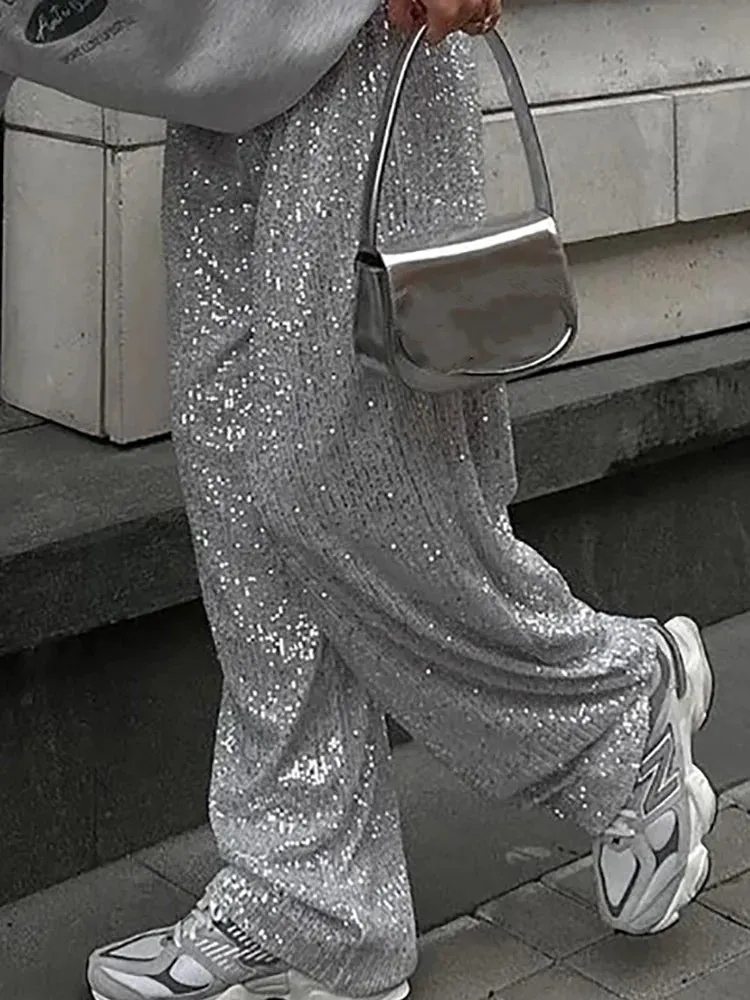 UAKISS  -  Office Lady Chic Slim All Season Pants Elegant Women Straight Sequined Patchwork Pants Outdoor Casual Long Pants 2024 Trousers