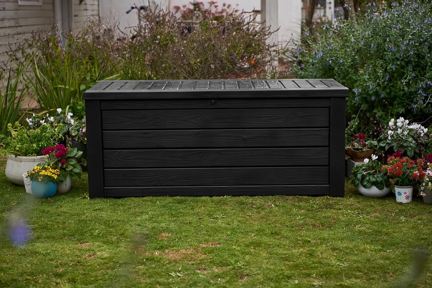 Westwood 570L Storage Box, All-Weather Resin Deck Box and Stylish Outdoor Bench with Piston-Assisted Lockable Lid and Side Handles, Dark Grey
