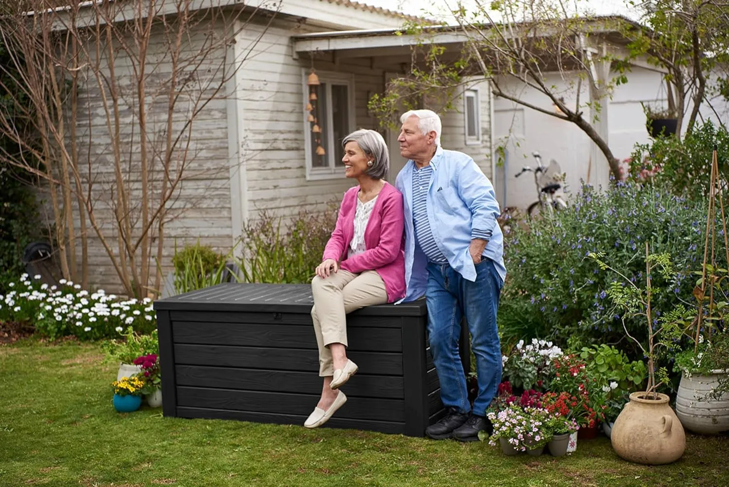 Westwood 570L Storage Box, All-Weather Resin Deck Box and Stylish Outdoor Bench with Piston-Assisted Lockable Lid and Side Handles, Dark Grey
