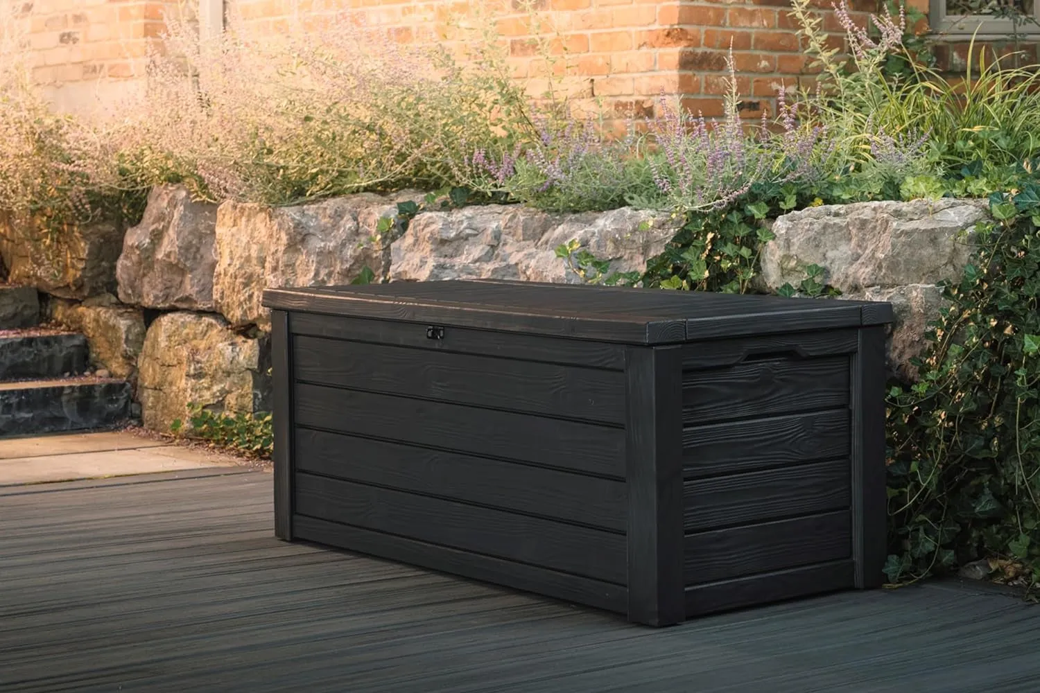 Westwood 570L Storage Box, All-Weather Resin Deck Box and Stylish Outdoor Bench with Piston-Assisted Lockable Lid and Side Handles, Dark Grey