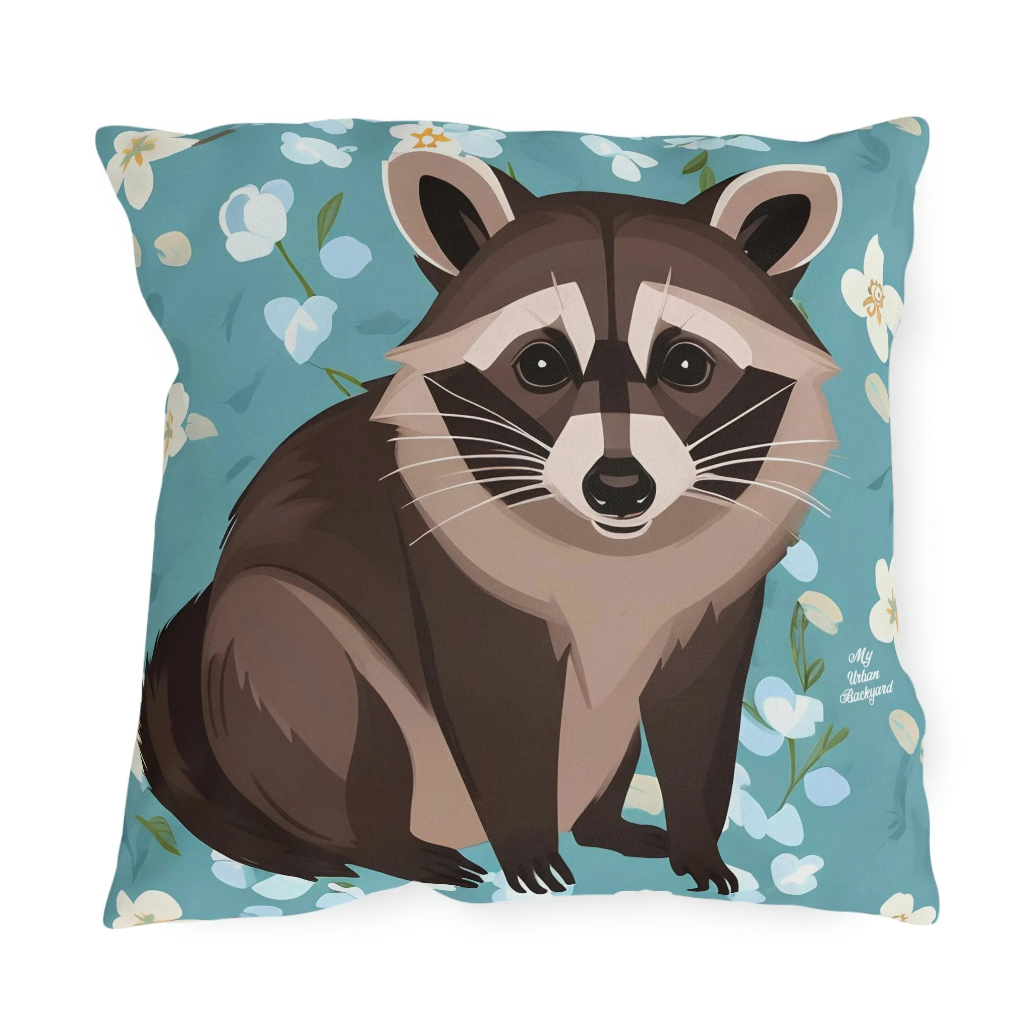Young Raccoon and Flowers, Throw Pillow, Indoor/Outdoor Decor for Home or Office
