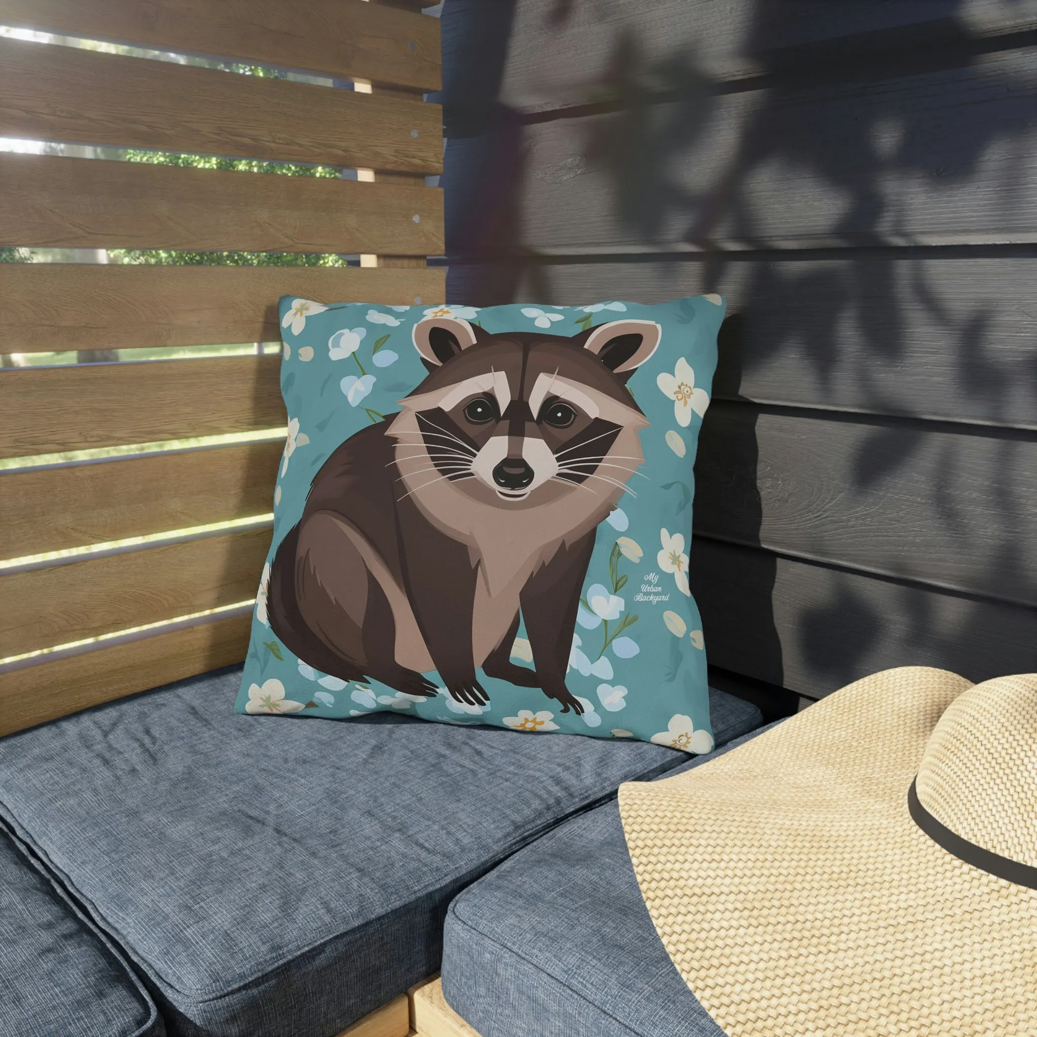 Young Raccoon and Flowers, Throw Pillow, Indoor/Outdoor Decor for Home or Office