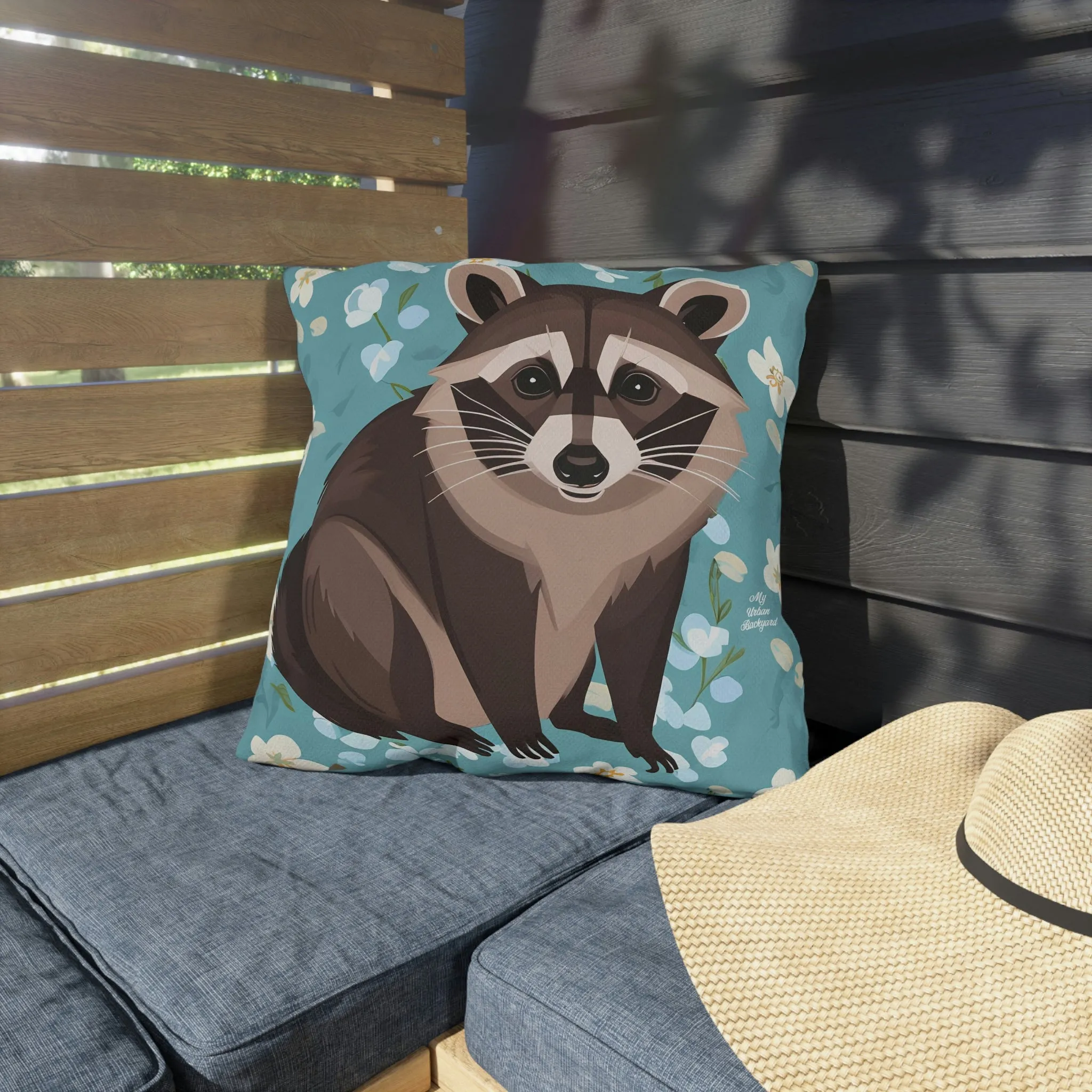 Young Raccoon and Flowers, Throw Pillow, Indoor/Outdoor Decor for Home or Office